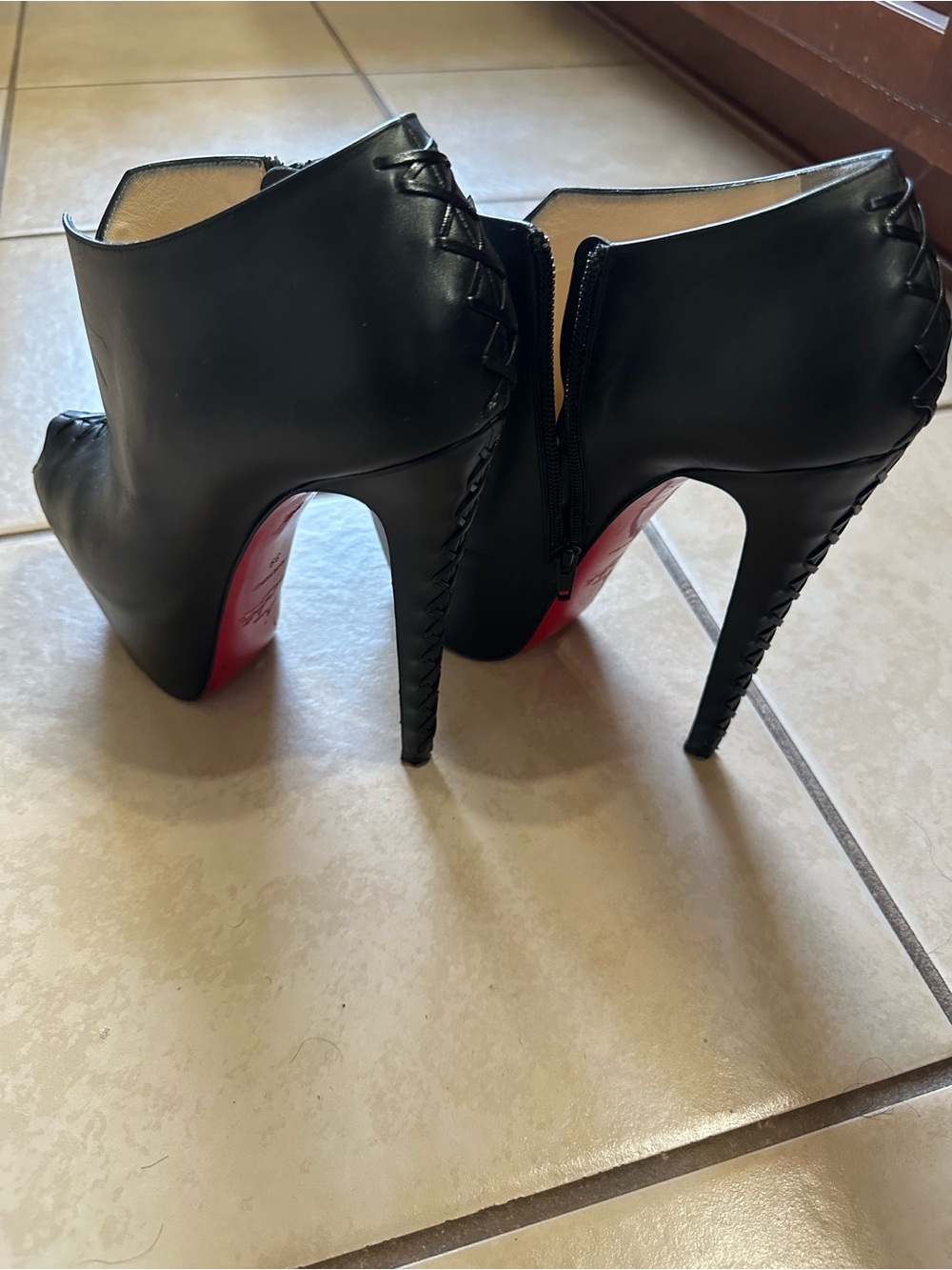 Black Peep-Toe High Heel Booties with Red Sole - Picture 2 of 6